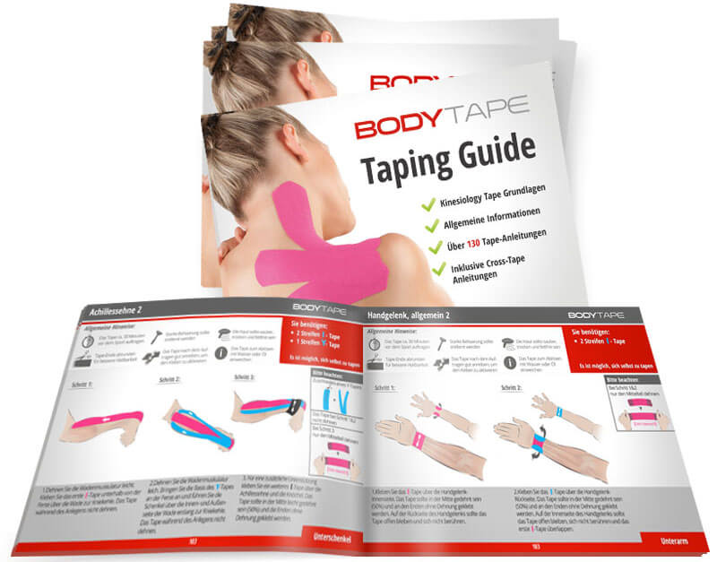 BODYTAPE Taping Guide mit Buchcover und geöffneter Anleitungsseite
